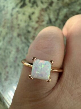 Square White Opal Ring | Rose Gold Tone Solitaire Ring | Size 7 - New
